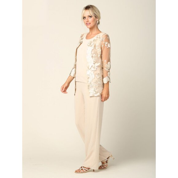 Eva USA Pants - Eva USA #3426 Three Piece Chiffon Pant Suit W/Jacket-Size L-Champagne Gold-NWT